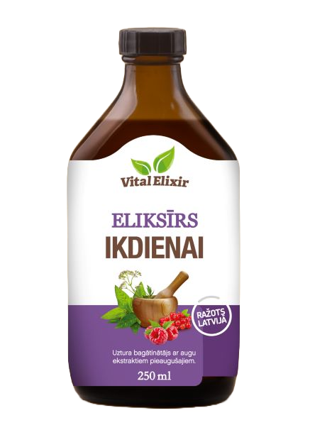 Eliksīrs Ikdienai ar augu ekstraktiem – dabisks atbalsts imunitātei, vielmaiņai, gremošanai un labsajūtai. Ražots Latvijā. Pasūti tiešsaistē jau šodien!