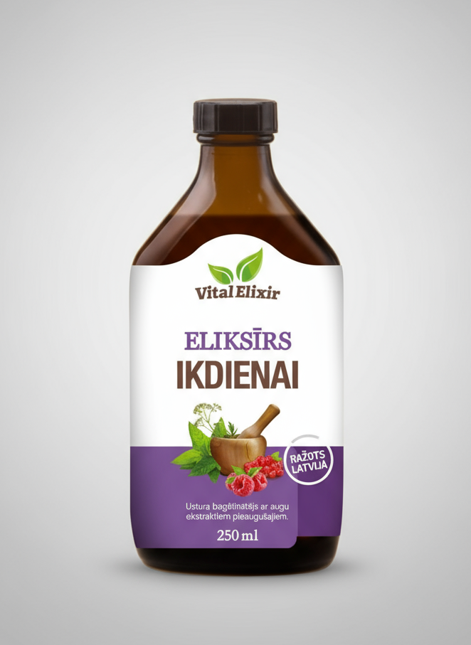 Eliksīrs Ikdienai ar augu ekstraktiem – dabisks atbalsts imunitātei, vielmaiņai, gremošanai un labsajūtai. Ražots Latvijā. Pasūti tiešsaistē jau šodien!