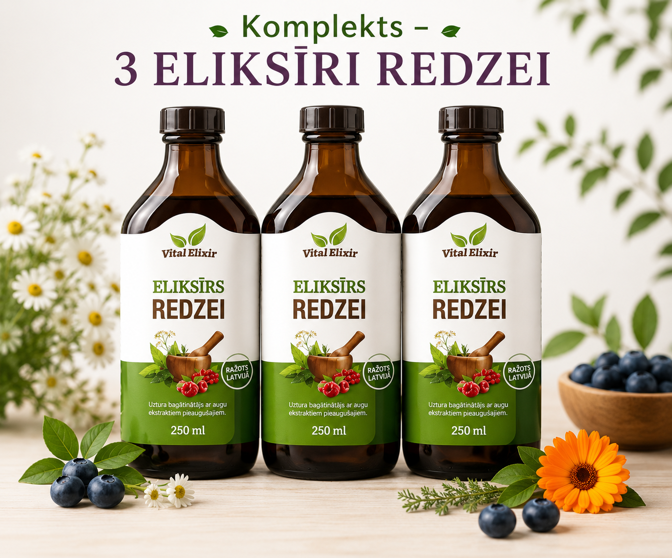 Komplekts ar 3 Vital Elixir Eliksīrs Redzei pudelēm, 250 ml